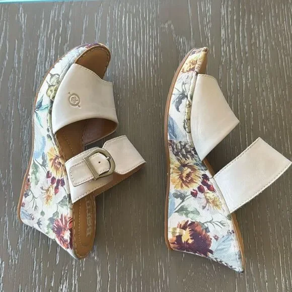 Born Women's Cream Leather Floral Print Buckle Wedge Comfortable Sandals Size 7M - Picture 9 of 12